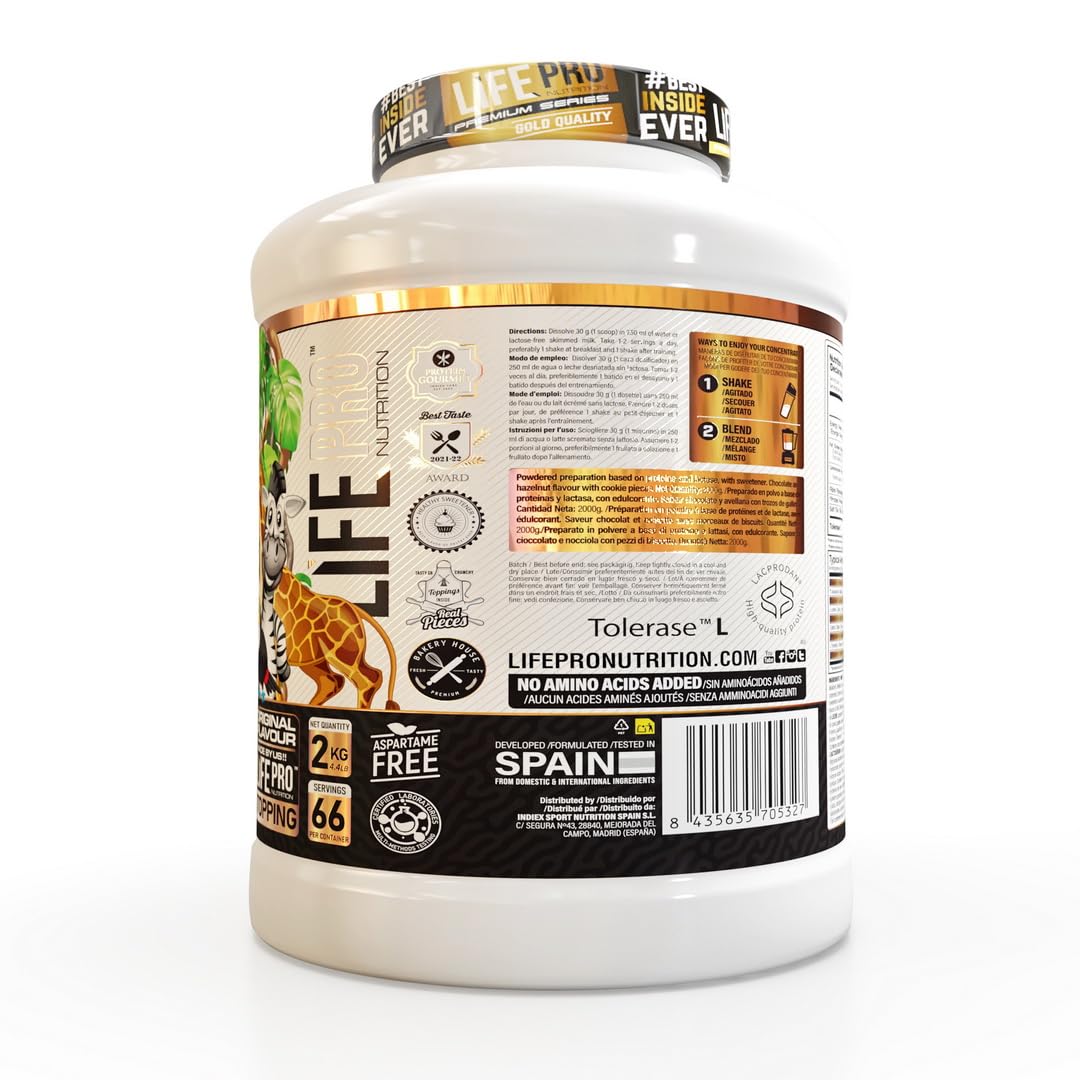 Life Pro Whey Gourmet Edition 2kg | Alimento deportivo de Concentrado de Suero de Leche | Enriquecido con Tolerase para una digestión más suave | Sabores exclusivos (CHOCO MONKY ROCHER)