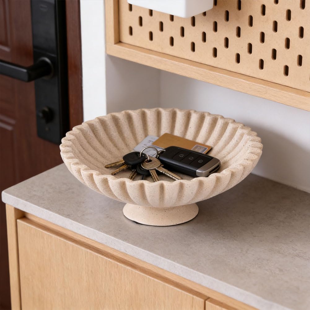 QIANLING Large Beige Decorative Pedestal Bowl - Modern Resin Handcrafted Decorative Fruit & Key Bowl for Home Decor, Entry Table, Kitchen Counter, Coffee Table, Side Table, Living Room Accent