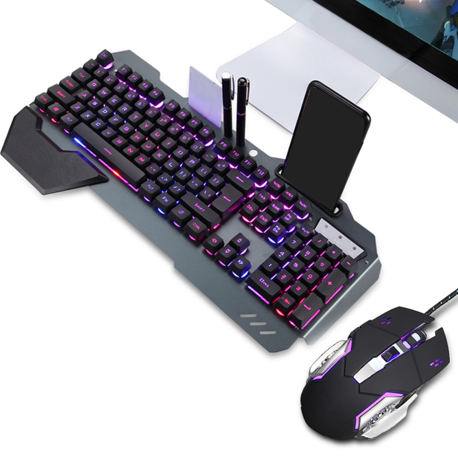 AMONIDA Set Tastiera e Mouse da Gioco Meccanici Cablati USB con Risoluzione Regolabile 3200 DPI per Uso Domestico e in Ufficio
