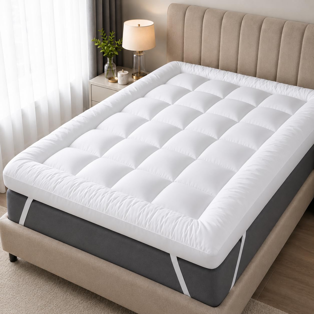 Mattress Topper Kingsize Bed 10cm Thick Extra Deep Hotel Quality Soft Supportive Breathable Comfortable Quilted King Size Mattress Bed Topper with Secure Elasticated Straps for Better Sleep
