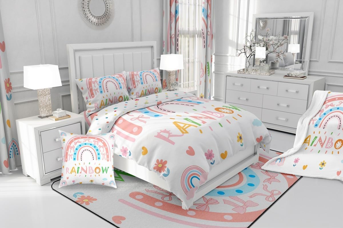 Feelyou Girls Rainbow Kids Comforter Set Twin Size Cute Bow Rainbow Bedding Set Cartoon Love Hearts Floral Duvet Quilt for Kids Boys Girls Bedroom Decor Microfiber Ultra Soft Breathable