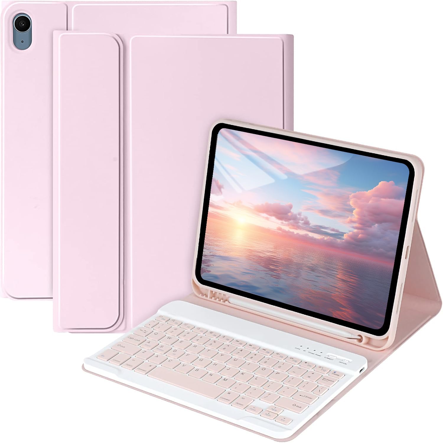 MMK iPad A16 Case (2025, 11"), iPad 10th Generation Case with Keyboard (2022, 10.9"), Wireless Detachable Keyboard, Pencil Holder (Pink)