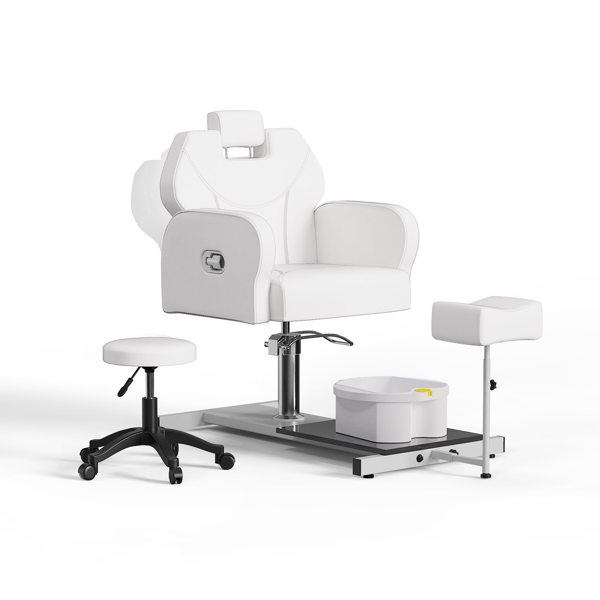 No Plumbing Pedicure Chair with Rolling Salon Stool, Reclining Pedicure Station with Heavy Duty Hydraulic, Massage Foot Bath,Footrest for Nail Tech, White
