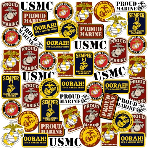 United States Marine Corps Badges 50ct Vinyl Large Deluxe Stickers Variety Pack Die-Cut Military Decals for Laptop Water Bottle Tablet & Indoor/Outdoor Use