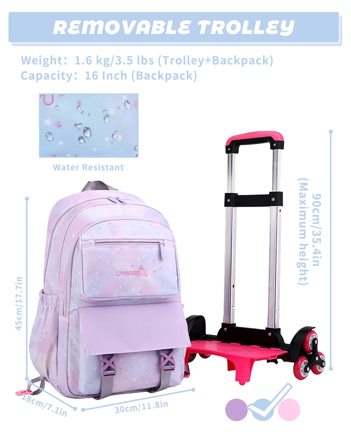 Tanou Mochila con Ruedas Niña, Ligero Mochilas Escolares Infantil con Ruedas, Mochila con Carro para Escolar Viajes, 16 Pulgadas, Estrella Azul