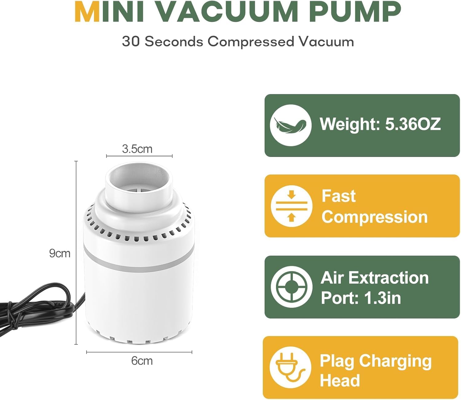 Vacbird Pompa ad aria elettrica, pompa portatile per sacchetto di immagazzinaggio sottovuoto, 30 W, pompe sottovuoto da viaggio con 4,0 kPa, potenza di aspirazione