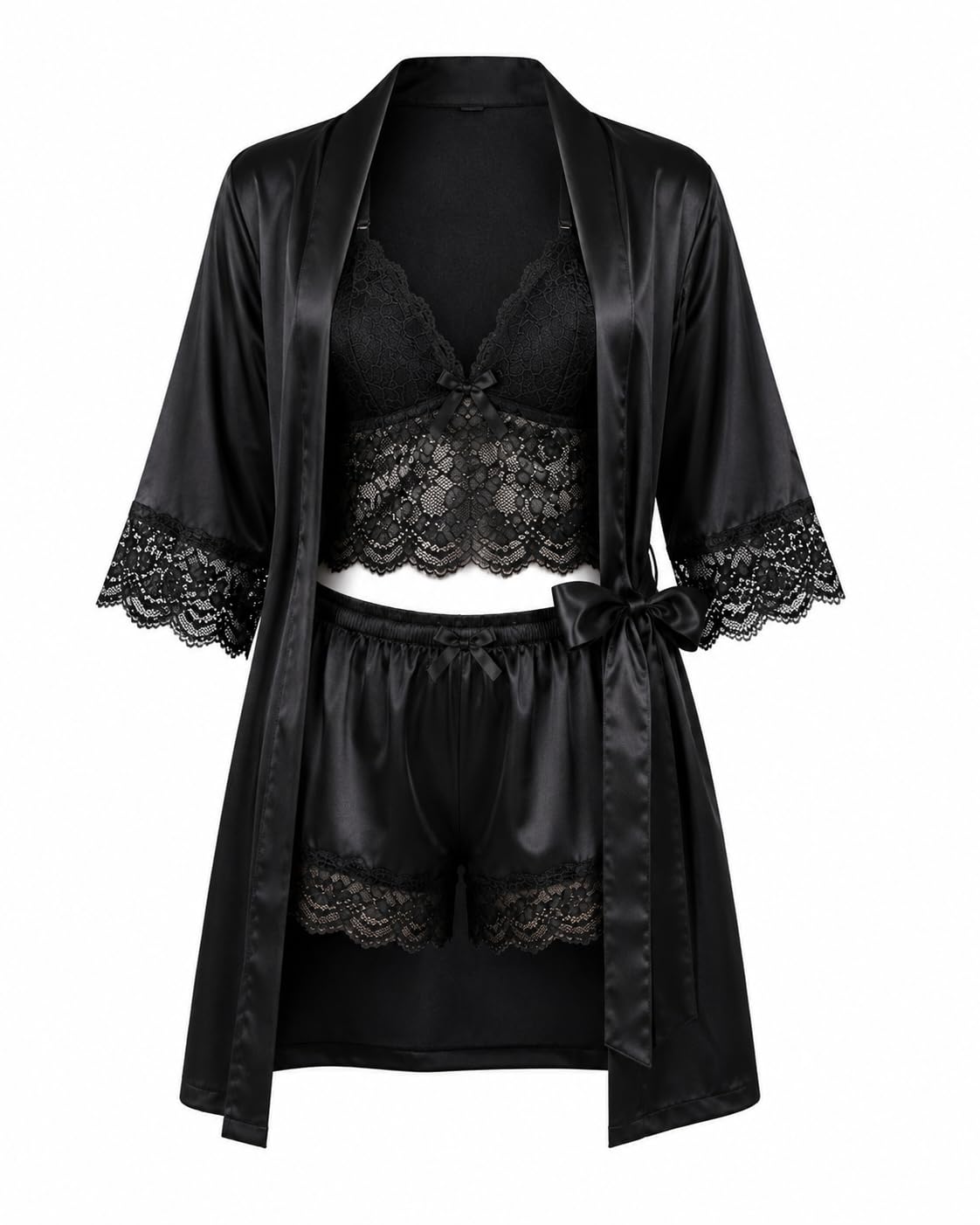 Women's Satin 3 Piece Nightwear Set with Lace Bralette, Shorts & Robe, Maroon, Soft Silky Sleepwear-picture-55