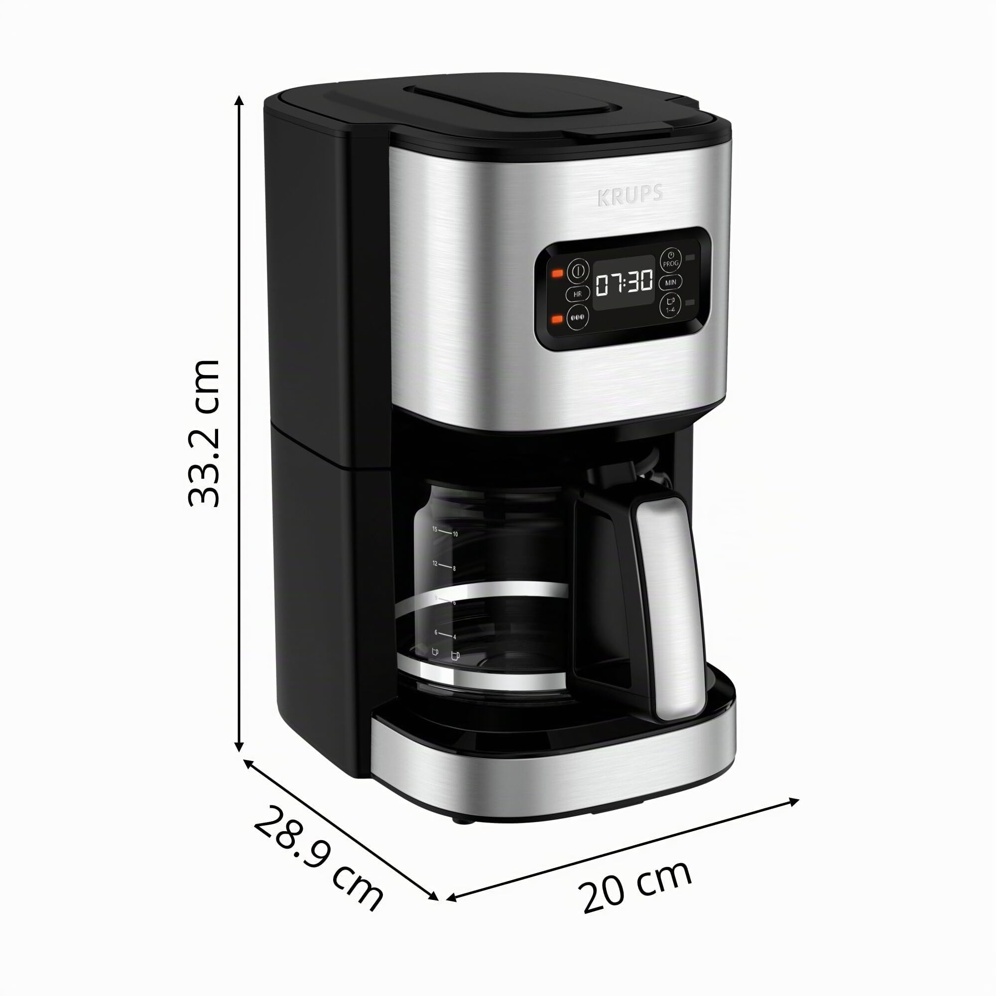 Krups First – Cafetera de filtro 1,25 L, acero inoxidable, temporizador 24 horas, selector de intensidad de la infusión, cabezal de agua, modo preinfusión, antigoteo, hasta 15 tazas, KM480D