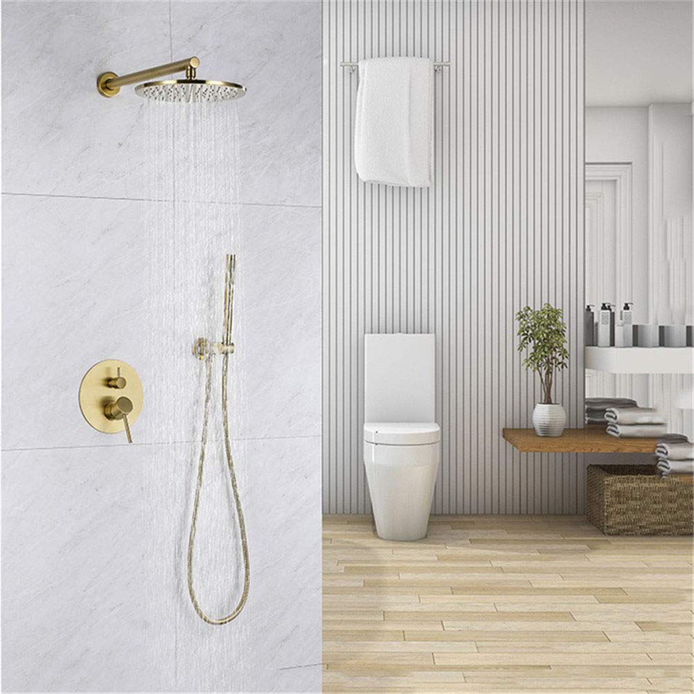NGDFGR Shower Faucet Set Brushed Gold Brass Bathroom Tap 8-12In Shower Head Set Rianfall Shower Wall Mounted Shower Arm Mixer Water Kit,10 In,size_name-8 Inch