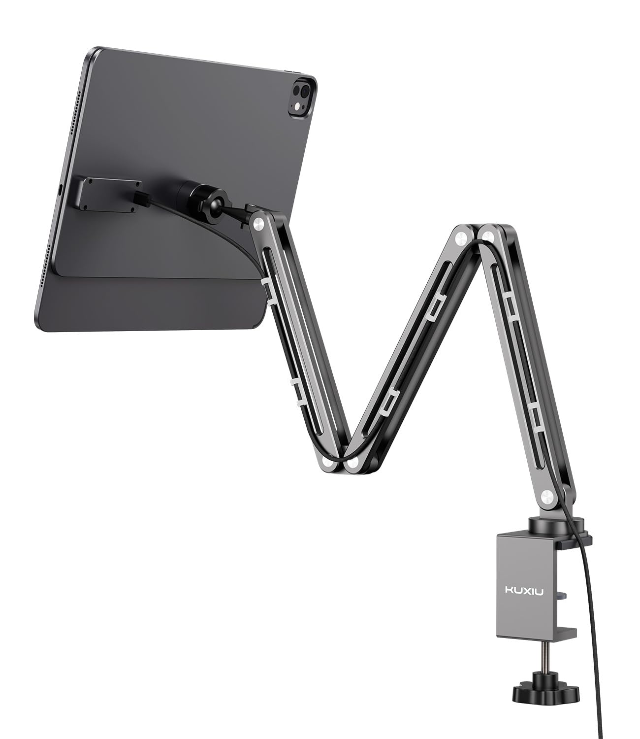 ku xiu magnetic wireless charging stand for ipad pro 13" m4 (2024), foldable adjustable arm mount with 2m cable, aluminum alloy tablet holder for desk