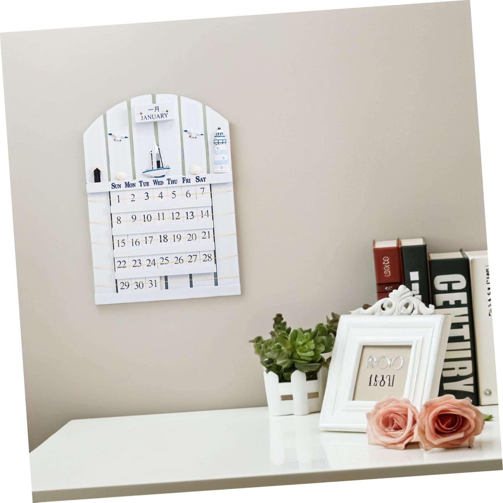 PACKOVE Ewiger Kalender Kreativer Starker und Einfach zu Ändernder Wandkalender aus Mdf Holz im Mediterranen Stil in Weiß für Büro und Studium
