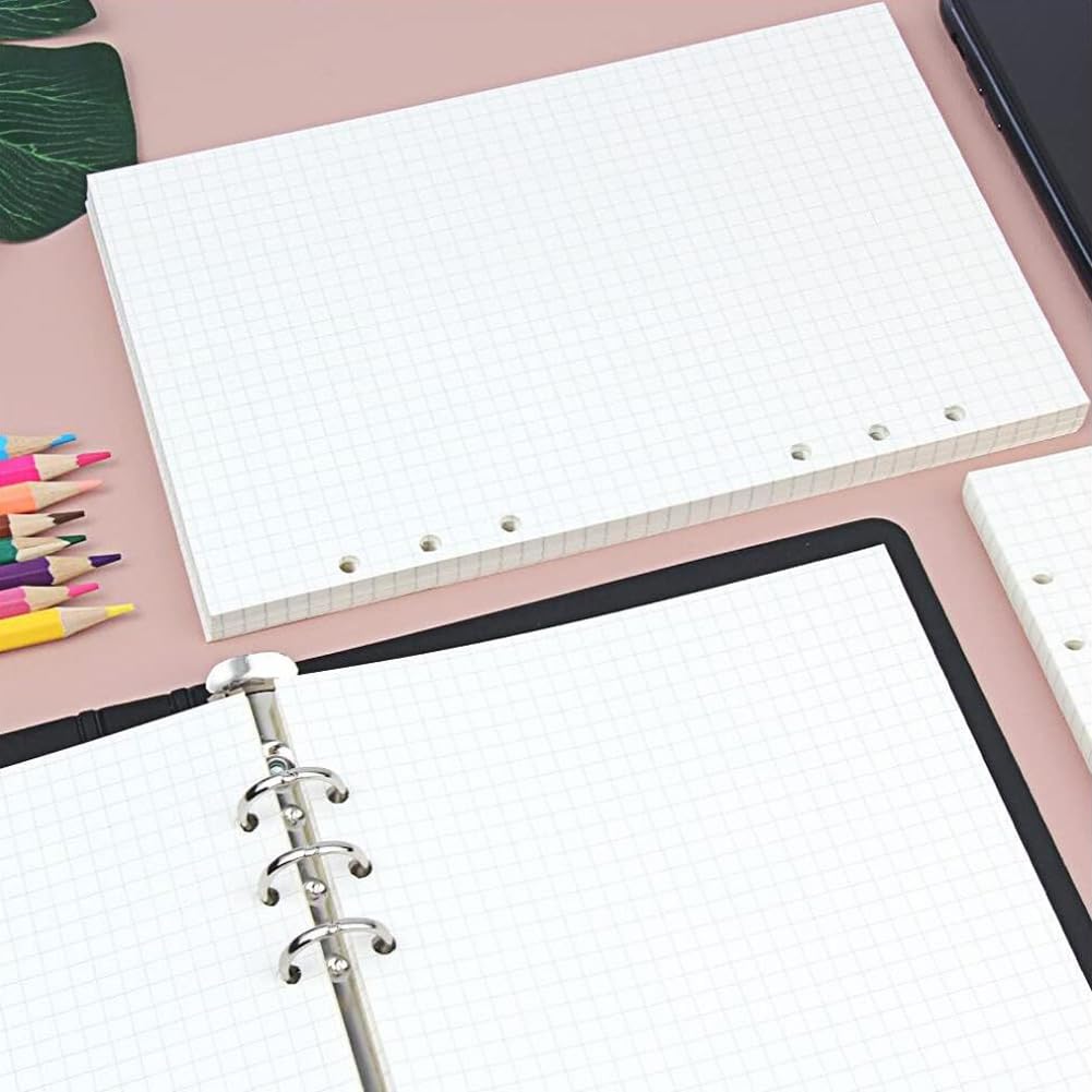 270 Feuilles A5 Recharge Papier en Quadrillé 6 Trous Vierge Feuillets Mobiles pour A5 Carnet Rechargeable Remplacer Pages Intérieures 540 Pages