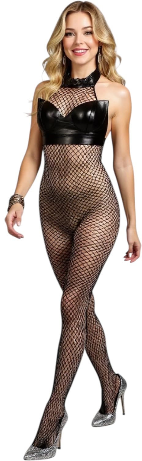 ToBeInStyle Women’s Bodystocking Crotchless Peek-A-Boo Fishnet Lace Bodysuit