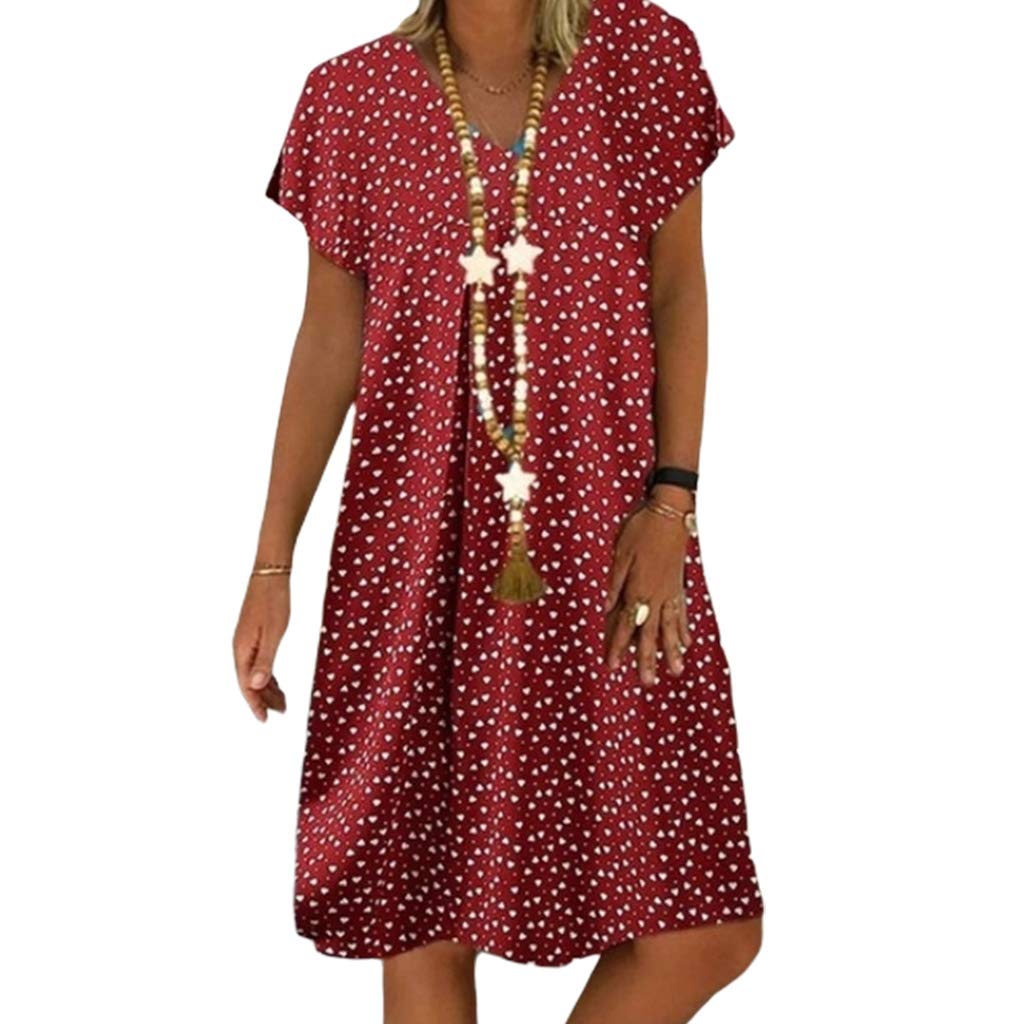 Kcibyvx Damenkleid, Übergröße, Sommer, ausgestellt, kurze Ärmel, V-Ausschnitt, lockeres Midi-Kleid, langes Kleid, Vintage-Herz, Punktemuster, einfarbig, Freizeit, Strand, Sommerkleid, S-5XL