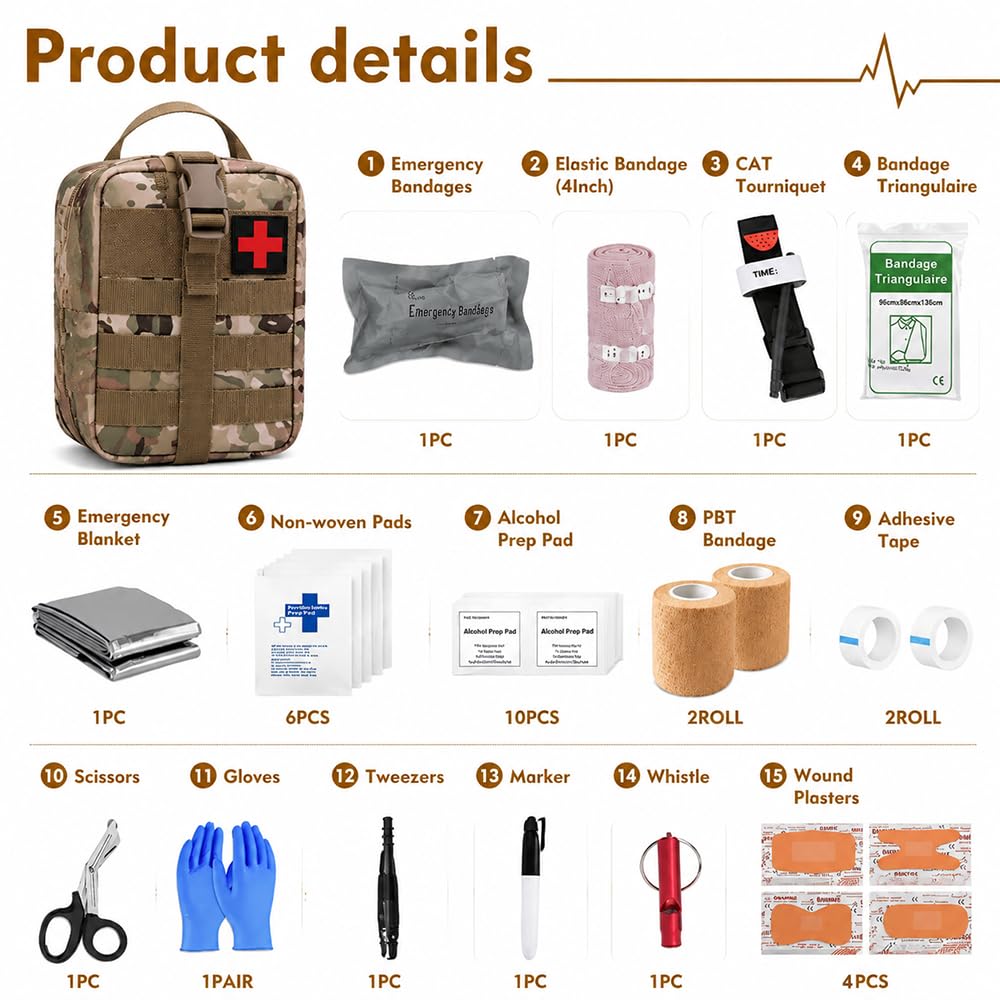 Kit Pronto Soccorso Militare Completo, 61 Pezzi First Aid Kit per Esterni, Trauma First Aid Kit per Auto, Casa, Viaggi, Campeggio All'Aperto, Escursionismo