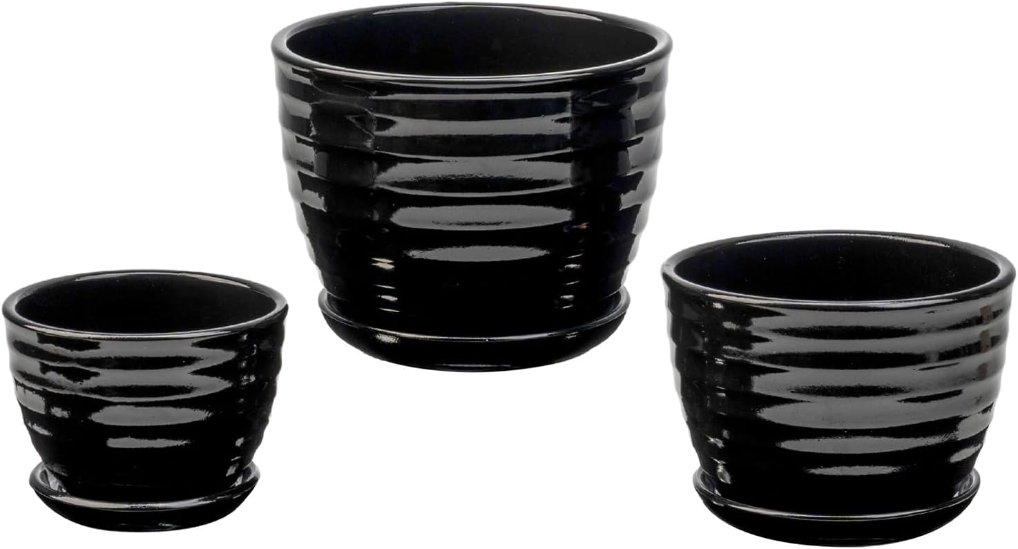 MyGift Black Ceramic Pots for Plants, 6.7+5.6+4.5 inch Flower Pots, Plant Pots Indoor with Drainage Holes and Tray, Garden Planters for Succulent and Flowers, Set of 3