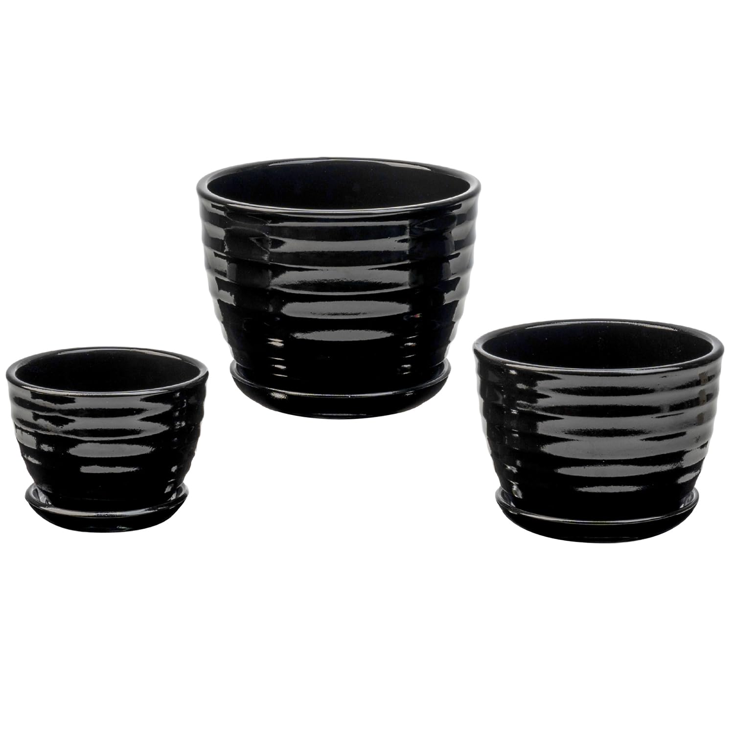 MyGift Black Ceramic Pots for Plants, 6.7+5.6+4.5 inch Flower Pots, Plant Pots Indoor with Drainage Holes and Tray, Garden Planters for Succulent and Flowers, Set of 3