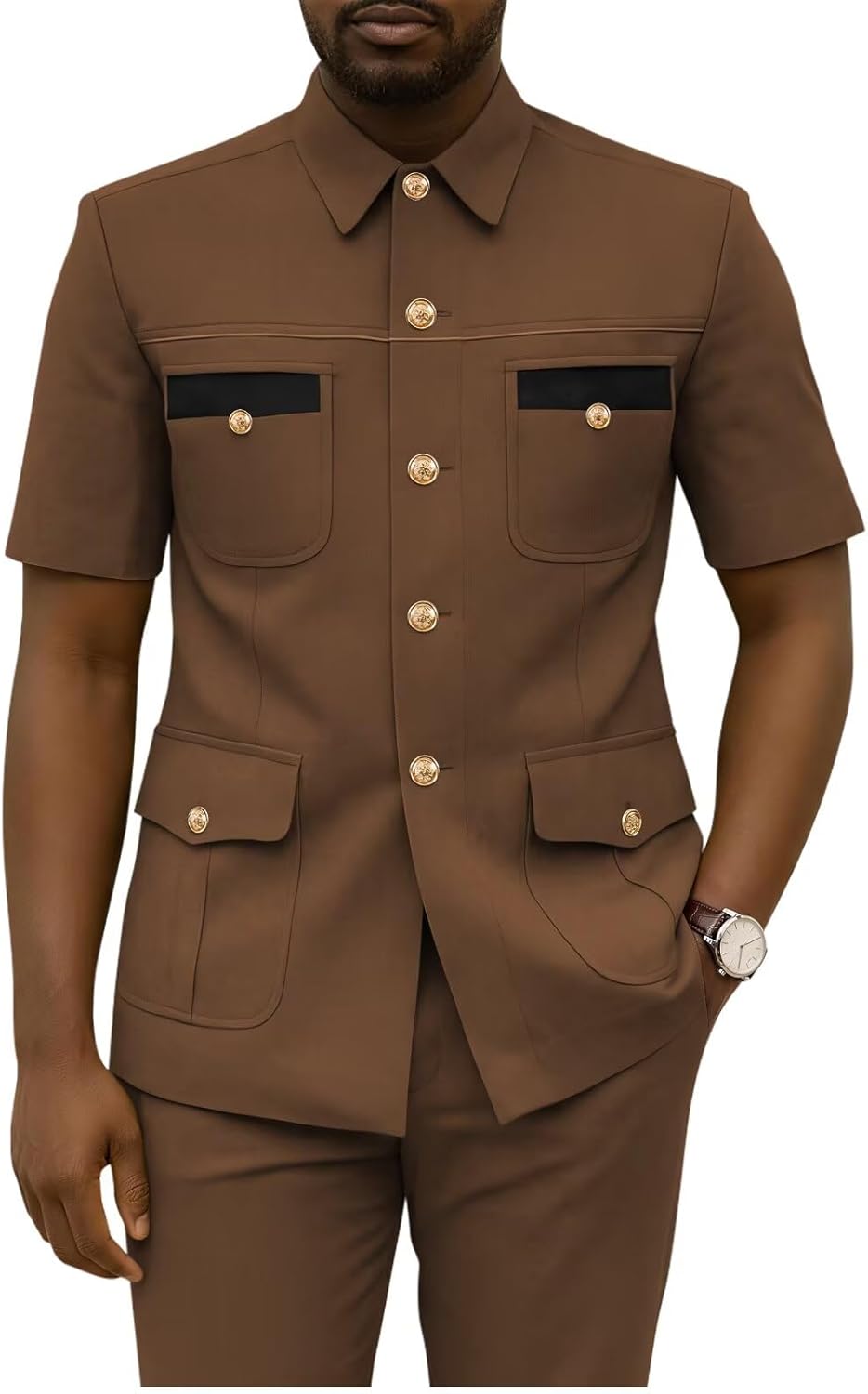 Mens Outfits 2 Piece Safari Tuxedo Men Short Sleeve Blazer and Pants Set Black and Gold Jacket Beach Party