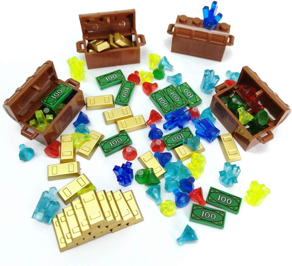 Treasure Accessories Jewel Chest, Gems Diamonds, Bullion Gold Bar, Crystals, $100 Dollar Bill Cash Toy Pirate Building Blocks Set for Kids 5 6 7 8 Years Old