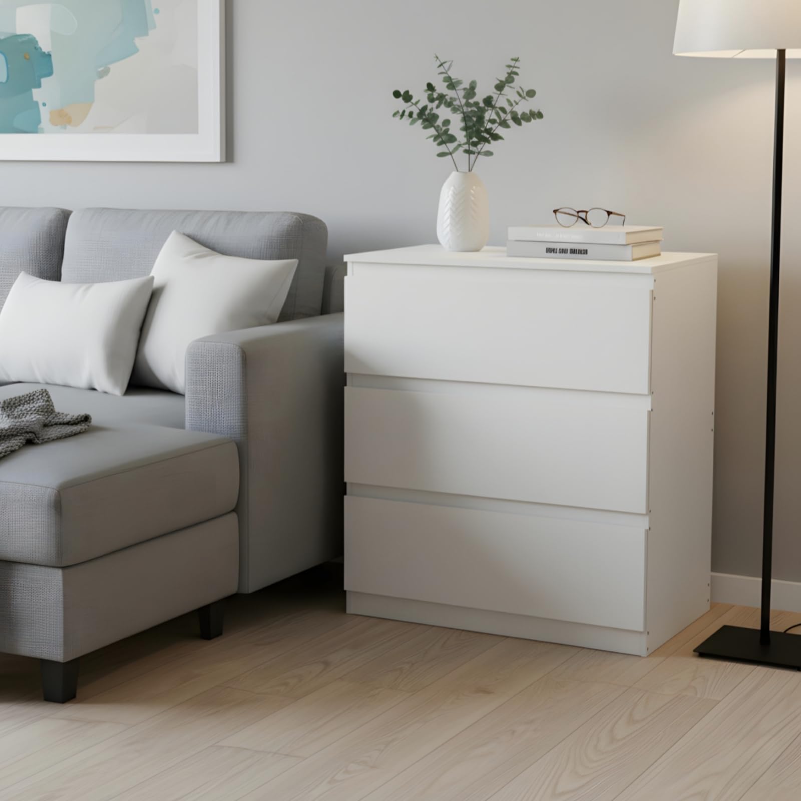 Mesita de noche blanca con 3 cajones, mesa auxiliar mesita de noche cómoda mueble de almacenamiento moderno para dormitorio, salón, oficina y entrada, 70 x 40 x 75 cm