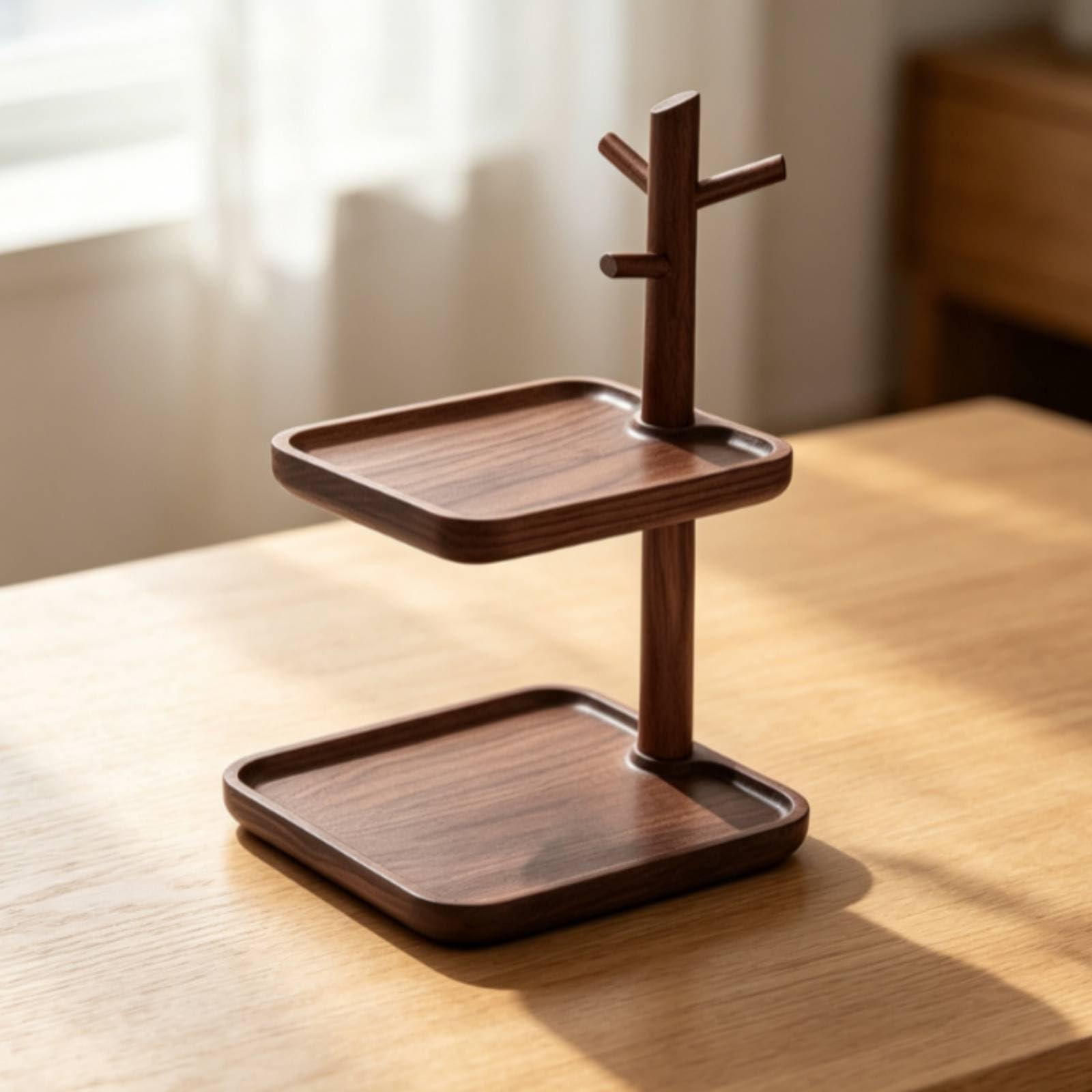 Vassoio Portachiavi in Legno di con Svemptytasche Vassoio Organizzatore Portamonete a Due Ripiani con Colonnina E Ganci per Chiavi E Anelli Adatto per Consolle d'Ingresso Comodino Tavolo