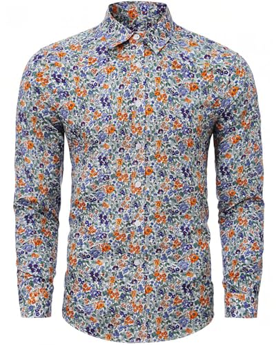 TUNEVUSE Mens Long Sleeve Floral Dress Shirt Flower Pattern Print Button Down Shirts Cotton Orange Small