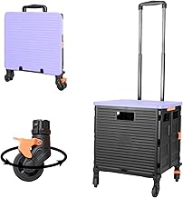 Quick Utility Cart Folding Portable Rolling Crate Handcart with Durable Heavy Duty Plastic Telescoping Handle Collapsible 4 Rotate Wheels for Travel Shopping Moving Luggage Office Use (black&purple lid)