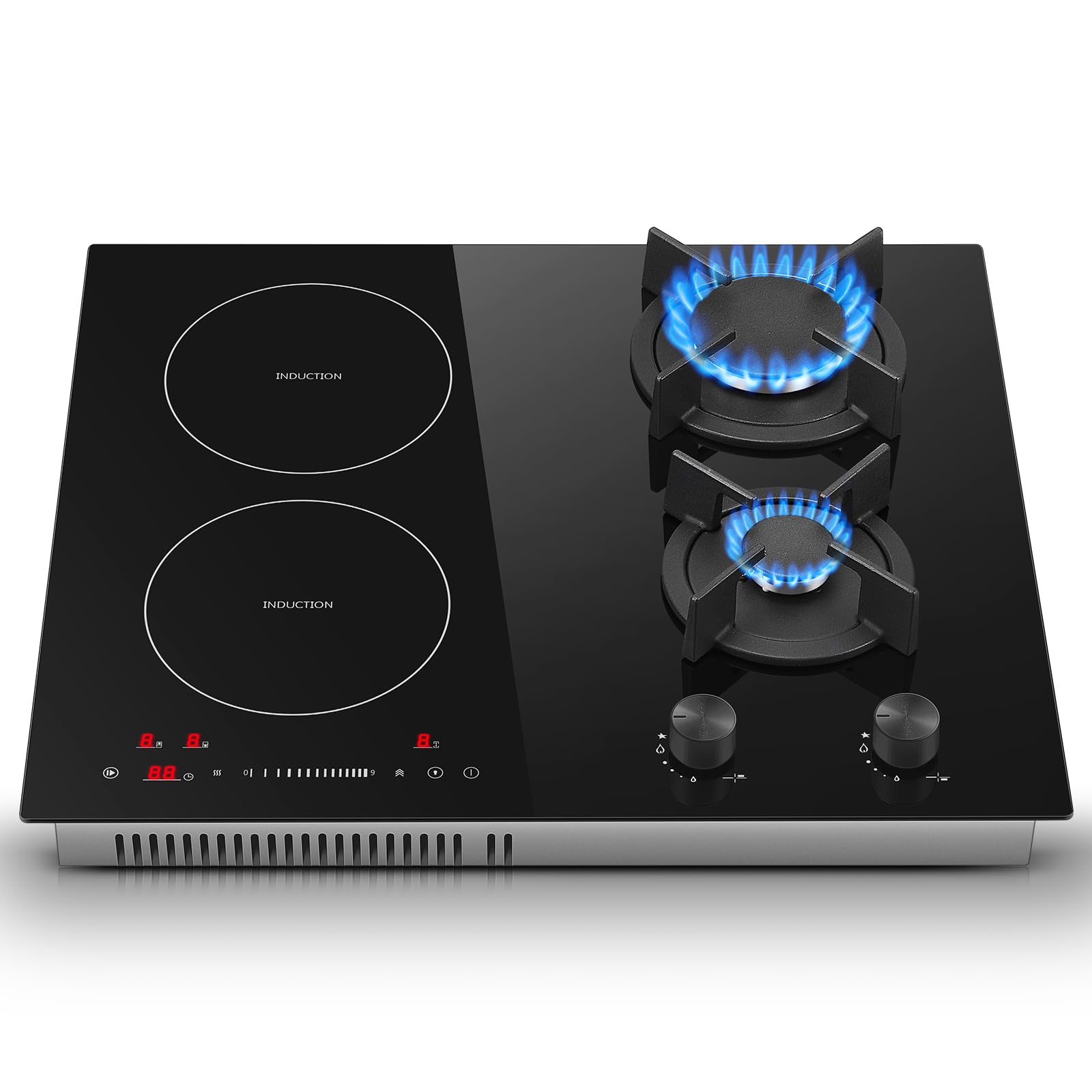 SNDOAS Table de Cuisson Mixte Gaz Induction 4 Foyers 59cm, 7500W Totale, Plaque de Cuisson Induction 4100W avec Boost & Pont, Plaque Gaz 3400W avec Brûleur Wok, Sécurité Enfant, Verre Céramique Noir