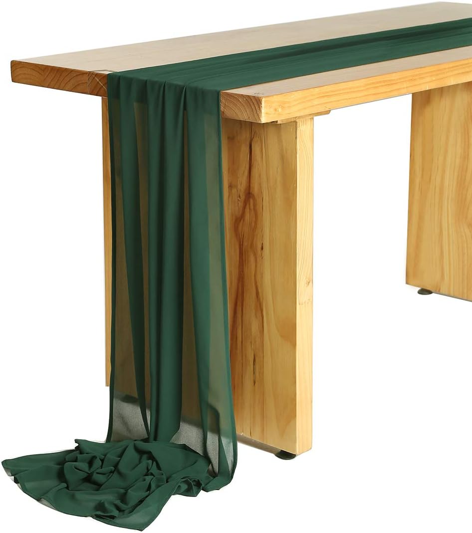 SHERWAY 27 x 120 Inch Hunter Green Chiffon Wedding Table Runner Overlay, Semi Sheer Table Runner for Wedding Party Decoration, Bridal Shower Baby Shower Birthday Cake Table Decorations