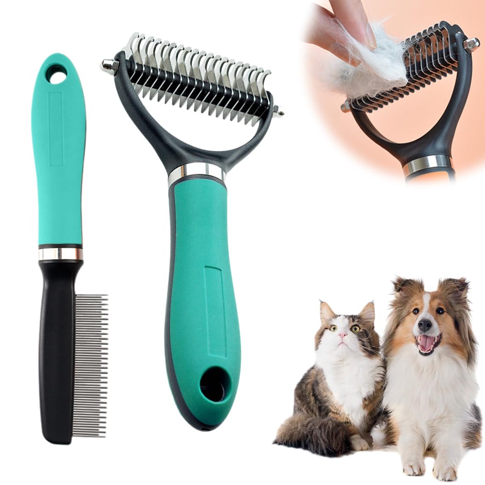 Deshedding Brush for Dogs and Cats, 2026 New Double-Sided Self-Cleaning Pet Grooming Brush, Dematting Tool Removes Knots, Loose Undercoat, Mats for Long & Short Hair Fur (Set A)