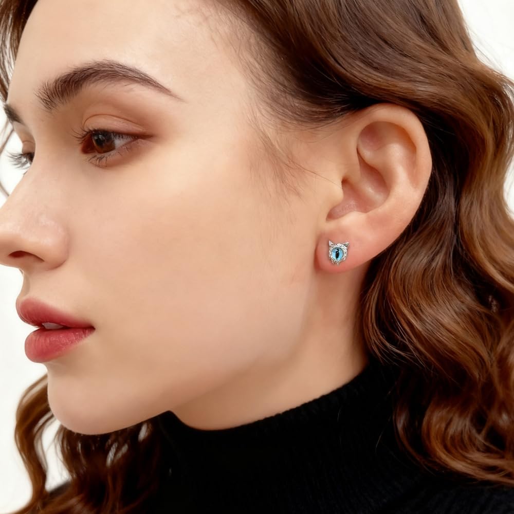 Blue Eye Cat Cartilage Labret Flat Back Stud Earrings for Women Men G23 Titanium Evil Eyes Demon Kitten Animal Pet Tragus Helix Screw Studs Small Earring Nose Lip Rings Gothic Jewelry 16G
