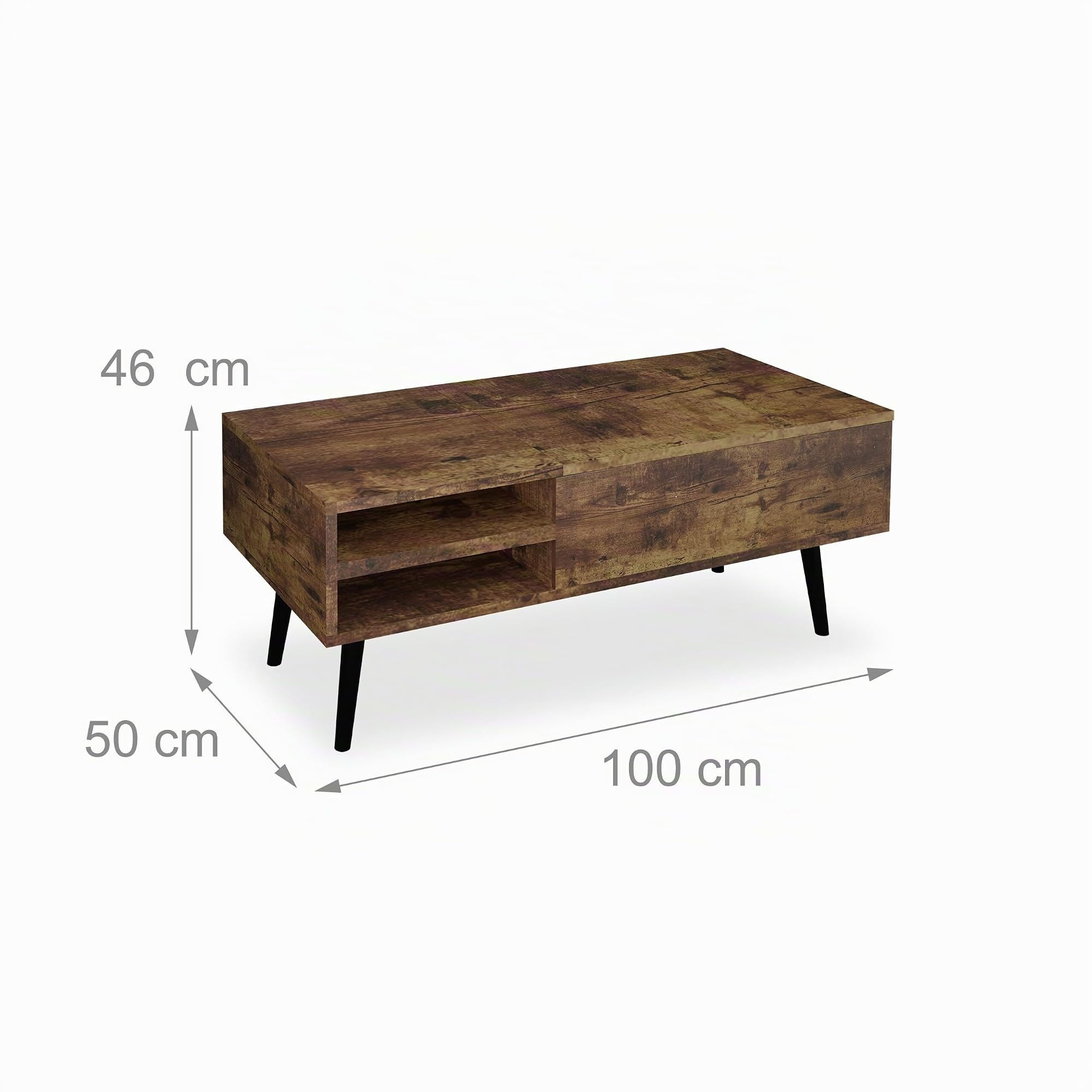 Relaxdays Mesa Centro Elevable, Mesita Sofá con 2 Compartimentos Almacenaje, Estilo Industrial, 46x100x50cm, Marrón