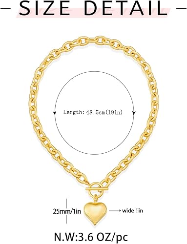 Miniatura 6 de WOWORAMA Collar de cadena gruesa de oro para mujer, collar con colgante de corazón hinchado, collar de oro blanco grueso de cadena gruesa, collares
