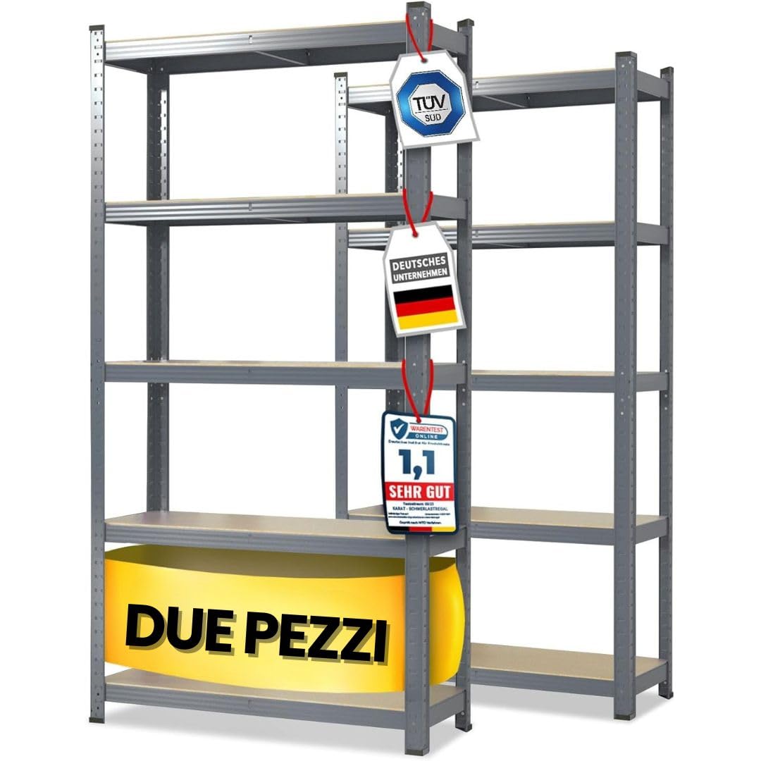 Floordirekt Scaffalatura per carichi pesanti, set da 2, grigio, 200 x 120 x 60 cm, scaffalatura cantina, magazzino, officina, banco da lavoro, 5 ripiani regolabili (Lakota)