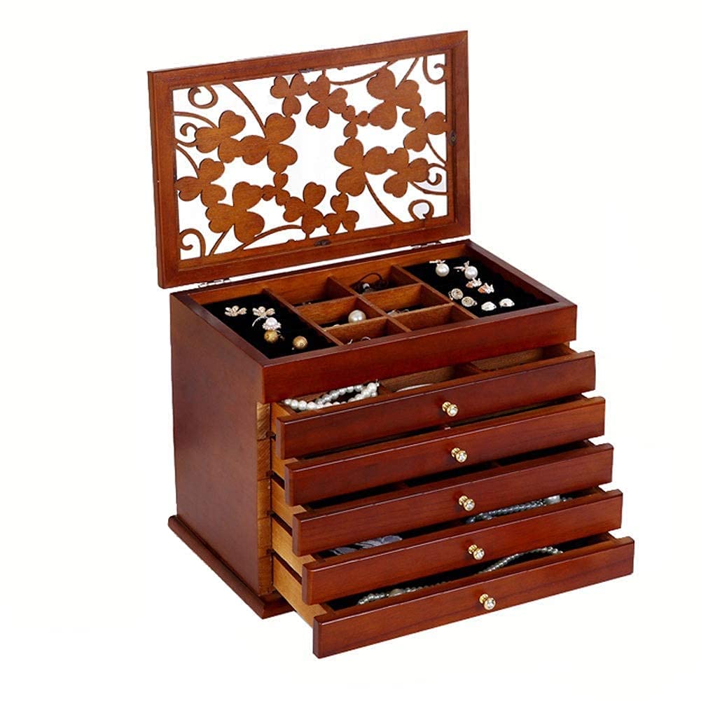 SBCGFY Jewelry Box Wooden Showcase 6-Layer High Capacity Openwork Carving Desktop Multi-Purpose Storage Box For Jewellery Trinket Boxwhite Simple And Portable,