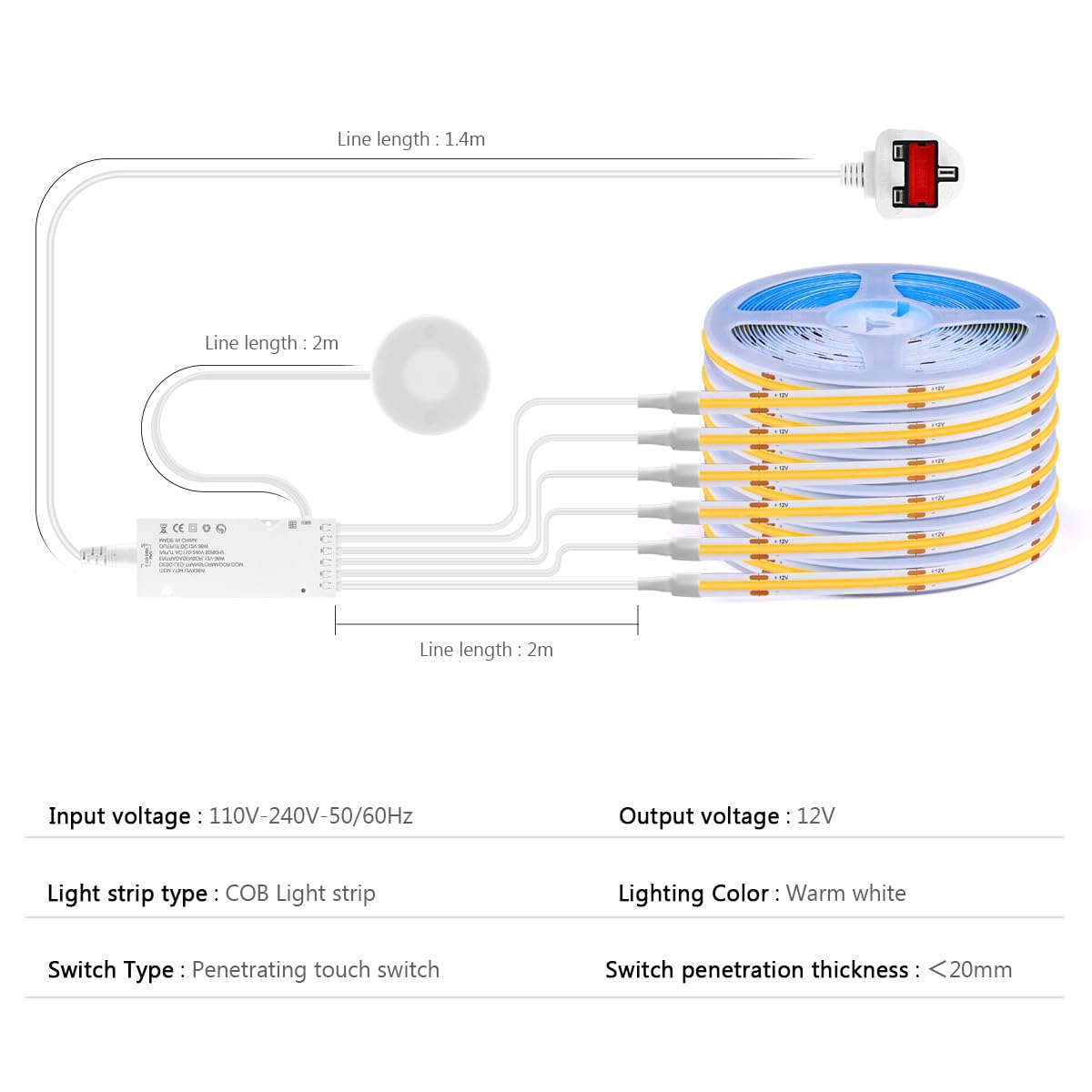 COB LED Strip Cabinet Lights Dimmbar Penetrating Touch Controls für Vitrinen Schränke warmes Licht 1M