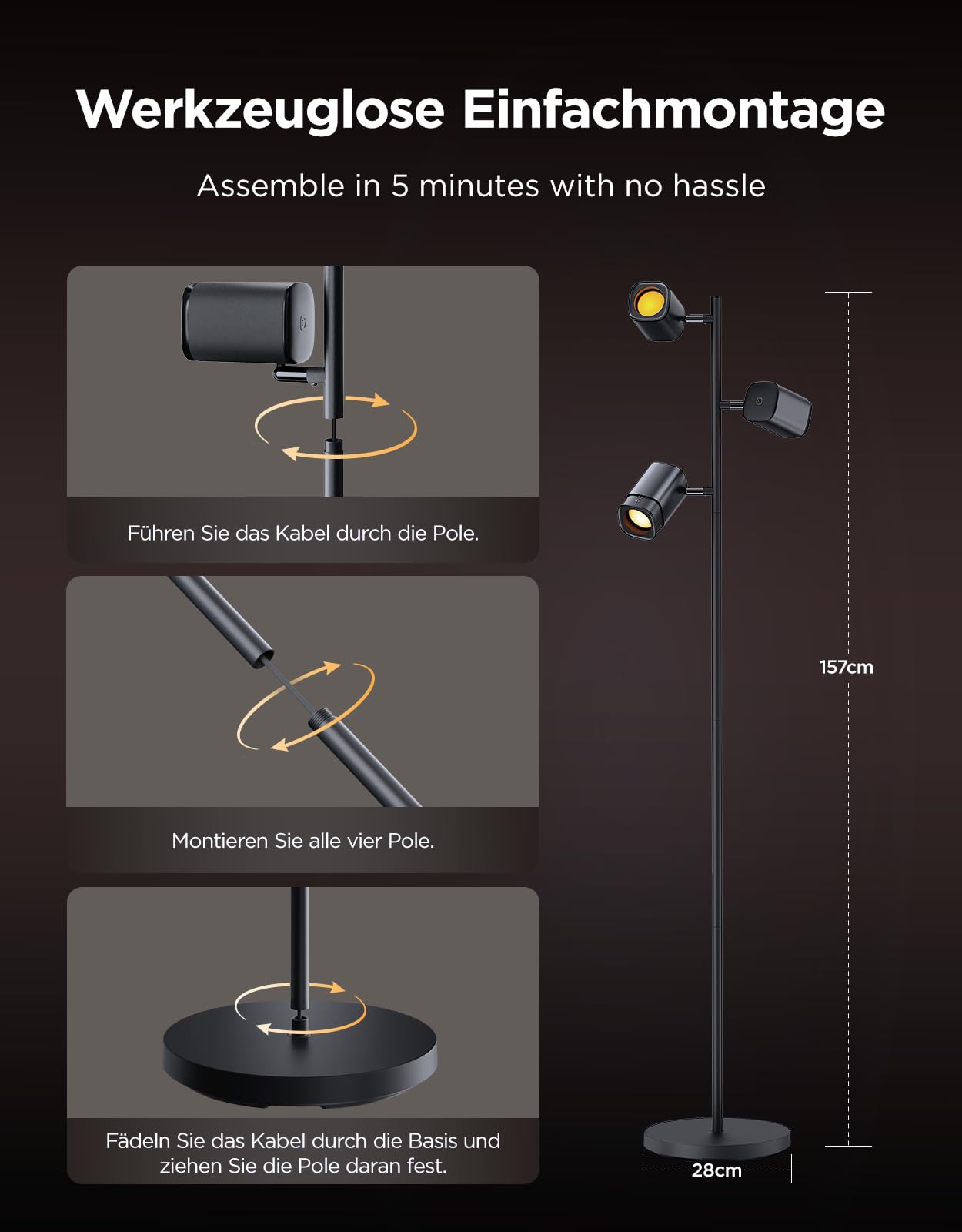 Govee 3-Flammen LED Stehlampe, RGBWW Fokus-Verstellbar, 1500lm, Matter Alexa Kompatibel, 64+ Szenen, Musik Sync, 157cm, Schwarz