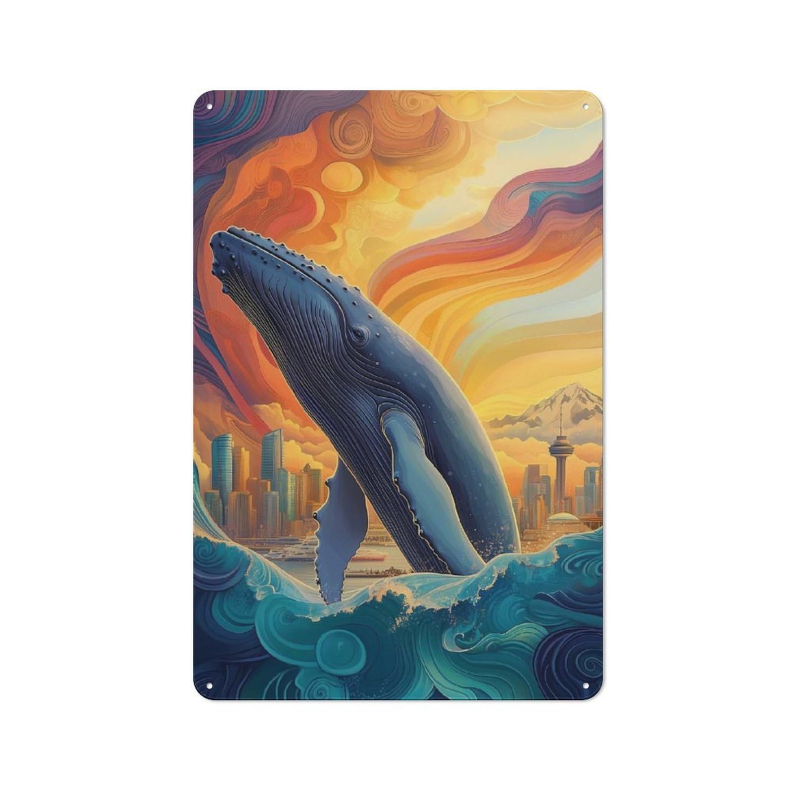 Junmoney Whale Leaping Cityscape Tin Wall Plaque 30X20cm With For Garage Or Workshop, For Vintage Wall Decor Fans, For Kitchen And Home Bar Decor