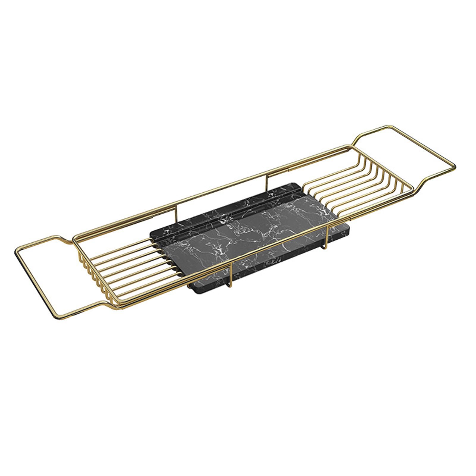 JKJZSALJ Adjustable Bathtub Caddy Tray, Expanding Bathroom With Draining Design, Stable Over Tub Storage For Home Spa Experience - Elegant Black & White Marble-Gold + Black Marble