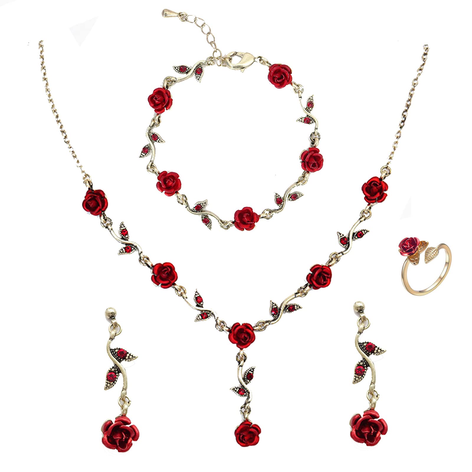 Hifot 4pcs Collar Flores Pulsera Oro Pendientes Anillo Flor Rosa Conjunto Joyas Mujer, Conjunto Pendientes y Collar para Mujer Niña Boda Novia y Dama de Honor