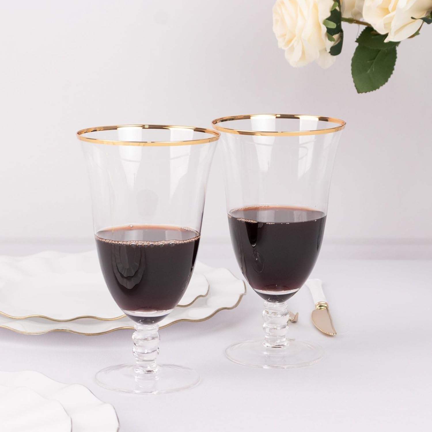 Efavormart 6-Pack 16oz Clear Gold Rimmed Red Wine Glasses with Short Beaded Stem, 7" Crystal Water Goblet Cocktail Glasses for Modern Wedding Celebrations