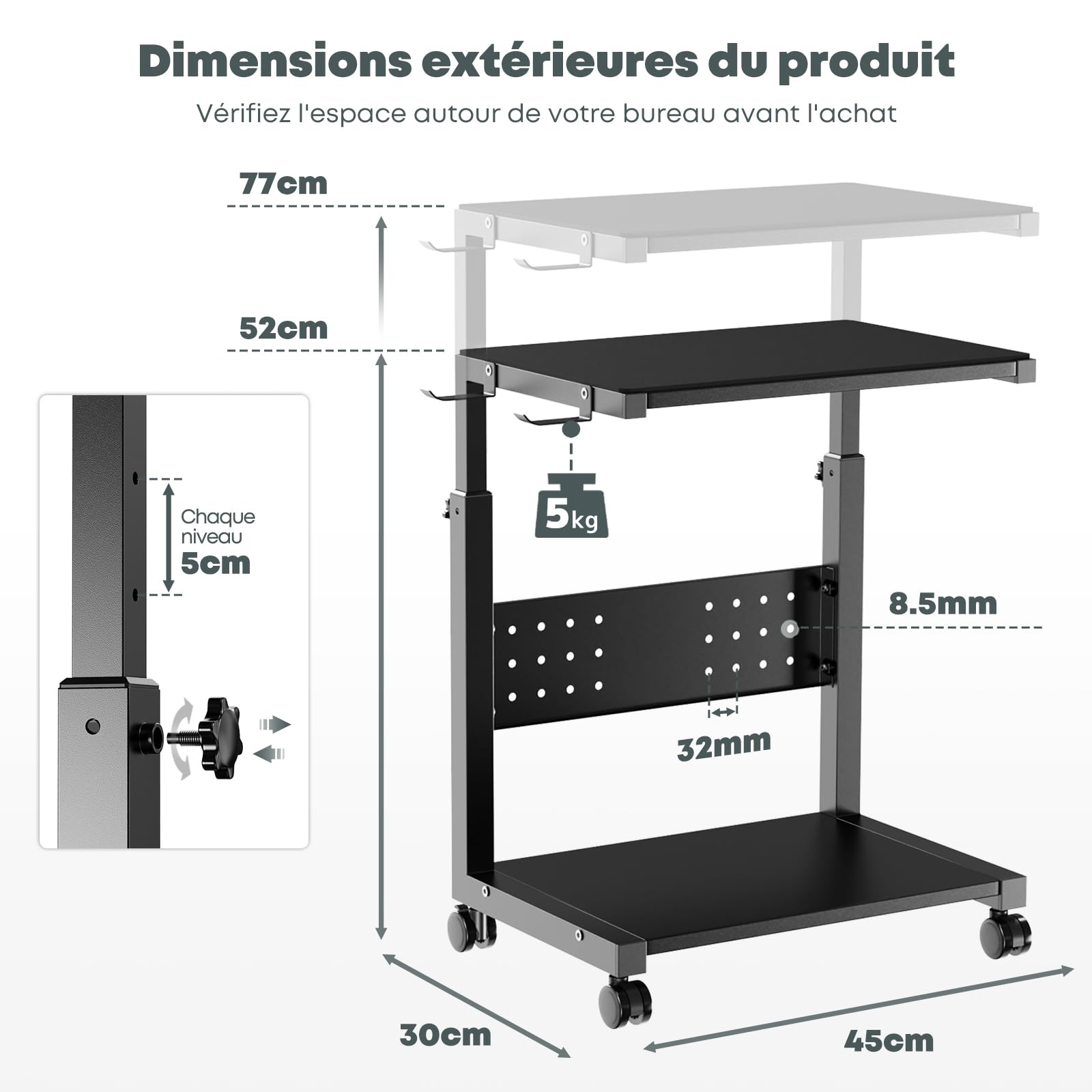 Support Tour PC avec roulettes - 2 étages Support unité Centrale avec roulettes et Tapis de Souris, Hauteur réglable de 52 cm à 77 cm, pour Gaming, Bureau, Maison, Charge Max 40 kg/Niveau, Noir