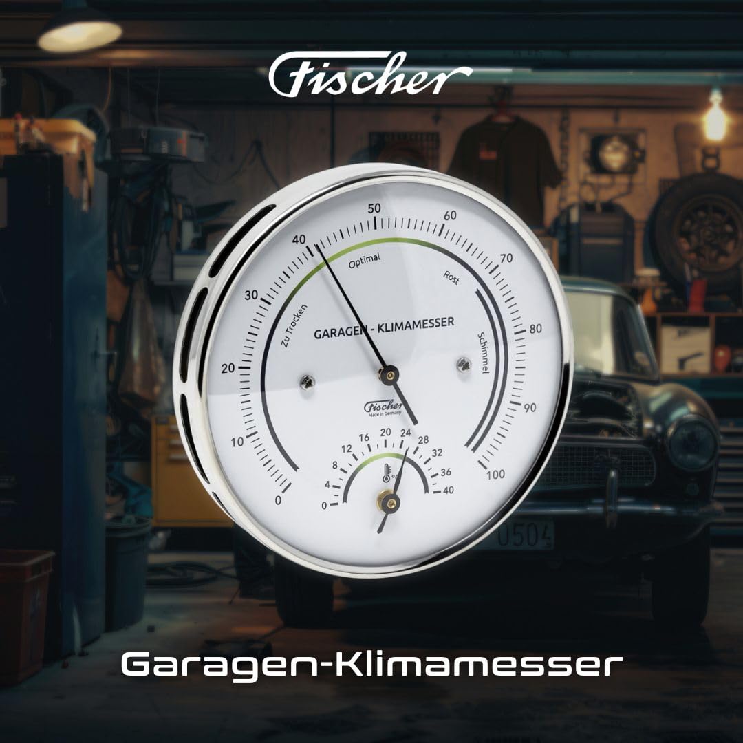 Fischer 122.01HT-Garage - Garagen-Klimamesser - 103mm Edelstahl-Luftfeuchtigkeitsmesser und Thermometer Made in Germany