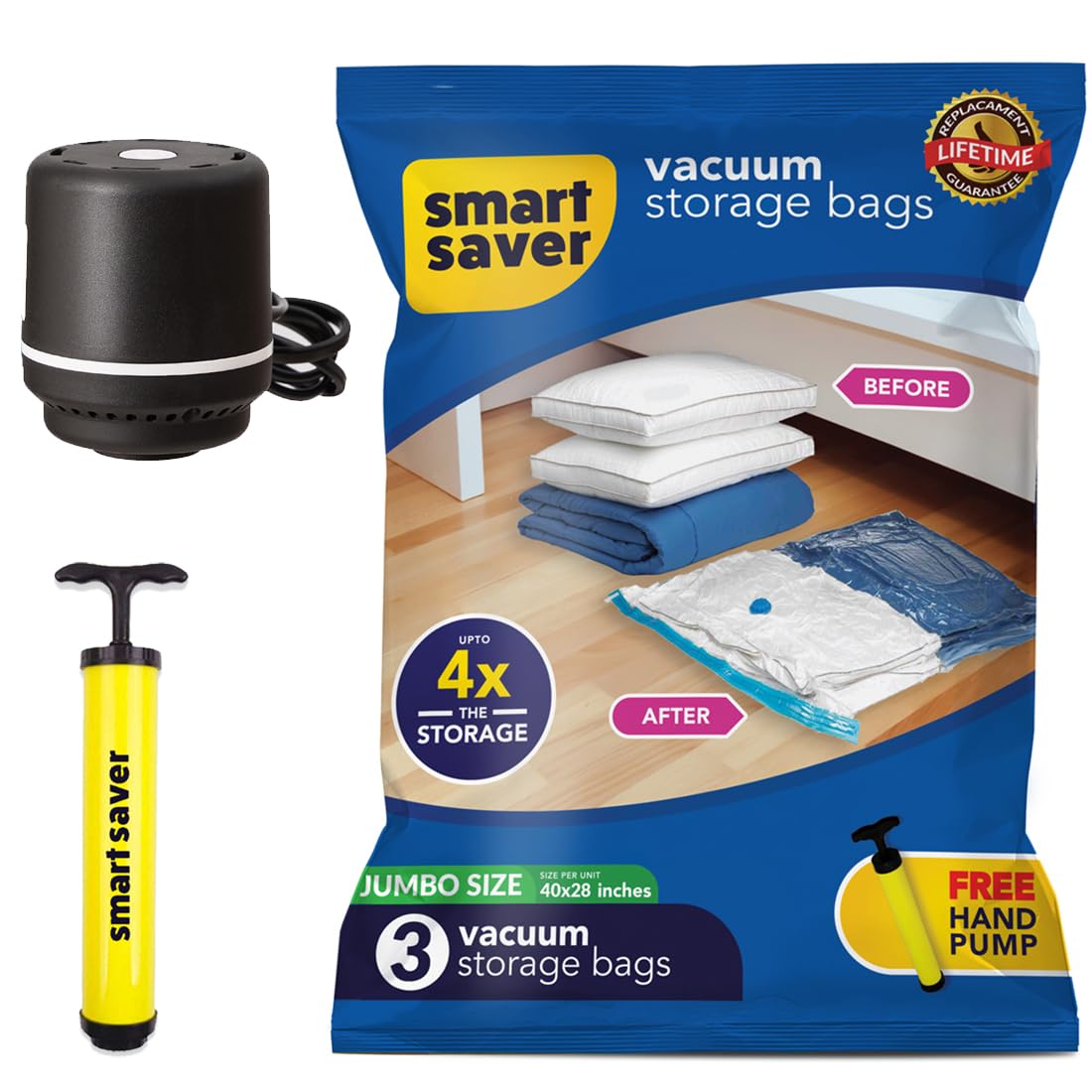 Smart Saver Plastic Vacuum Compression Bags|Vacuum Storage Bags|Vacuum Bags For Travel|Space Saver Vacuum Bags(3Jumbo + Electric And Manual Pump),White