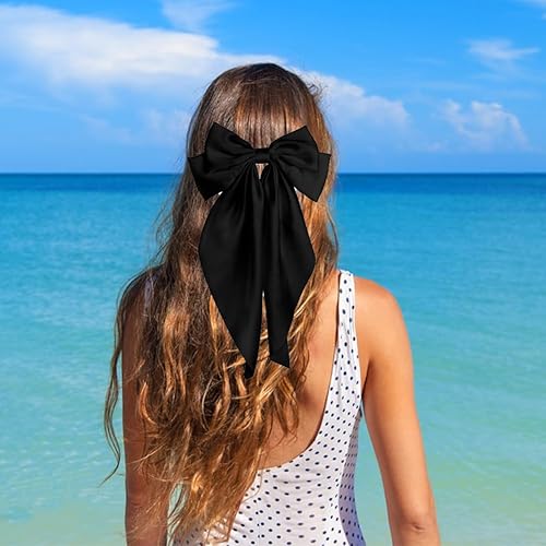 Miniatura 6 de Pufandor - Lazo para el cabello de satén sedoso para mujer, lazos blancos para niñas, pasadores de lazo, cola larga con clips, lazos grandes para el