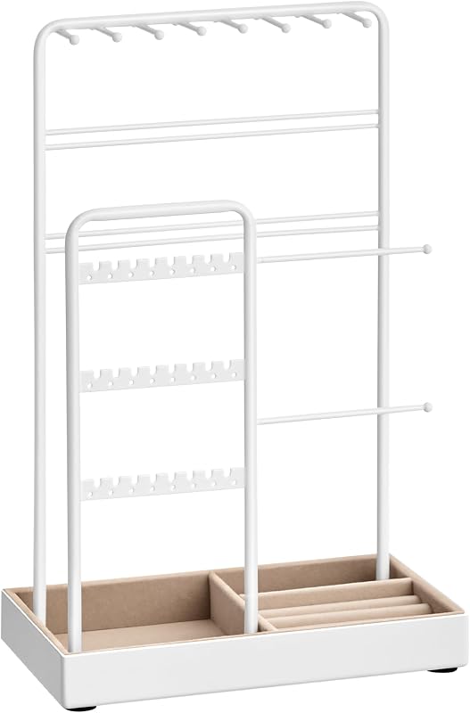 SONGMICS Soporte para Collares, Organizador de Soporte para Joyas, Expositor de Joyas con Marco de Metal, Bandeja de Terciopelo, Soporte para Pulseras y Pendientes, para Idea de Regalo, 4,5 x 7,7 x 12,1 pulgadas, Blanco Mate UJJS021W01