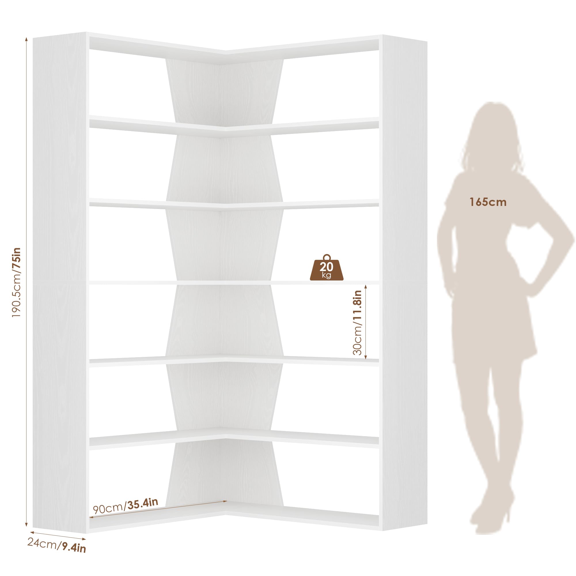 FirFurd 190.5cm Estantería Esquina 6 Niveles, Estantería Libros, Librería Salón, Estanterías Almacenaje Madera, Libreria Estanteria, con 12 Compartimentos, para Salón, Oficina, Estudio (Blanco)