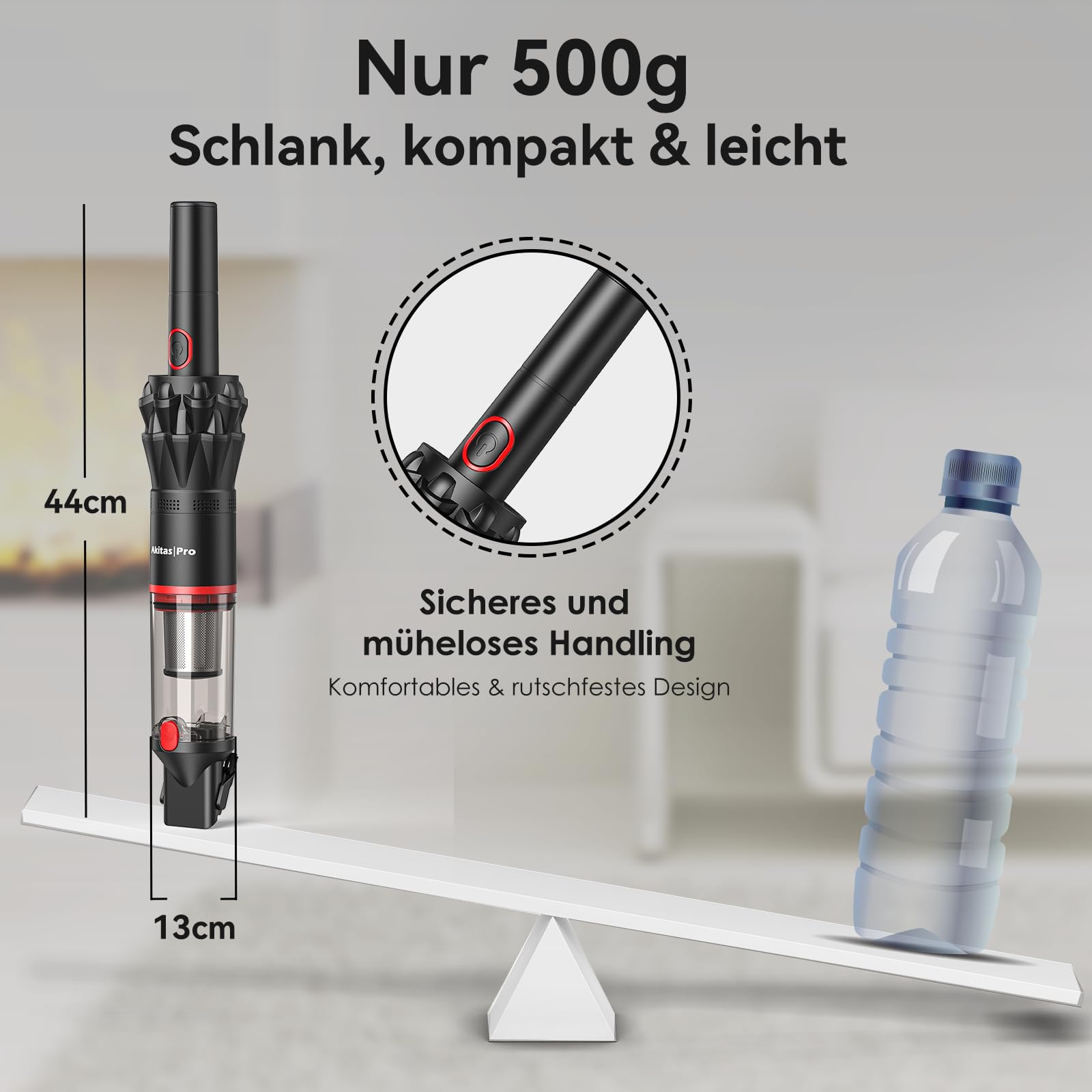 Akitas Pro H2 Handstaubsauger, Handstaubsauger Akku - 0,5 kg Ultra-Leichter Staubsauger: Bis zu 26 Min. Laufzeit, HEPA- & Stahlfilter, 2-in-1 für Auto, Sofa & Zuhause