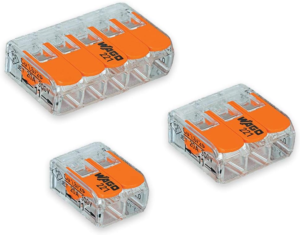 221 Splicing Connector, Lever-Nut Assortment Pocket Pack, 65 Contacts, 5 Poles, 10 Positions, 12-24 AWG, Red, Plastic, Clamp Connector, 32A, 450V DC, Made in Germany