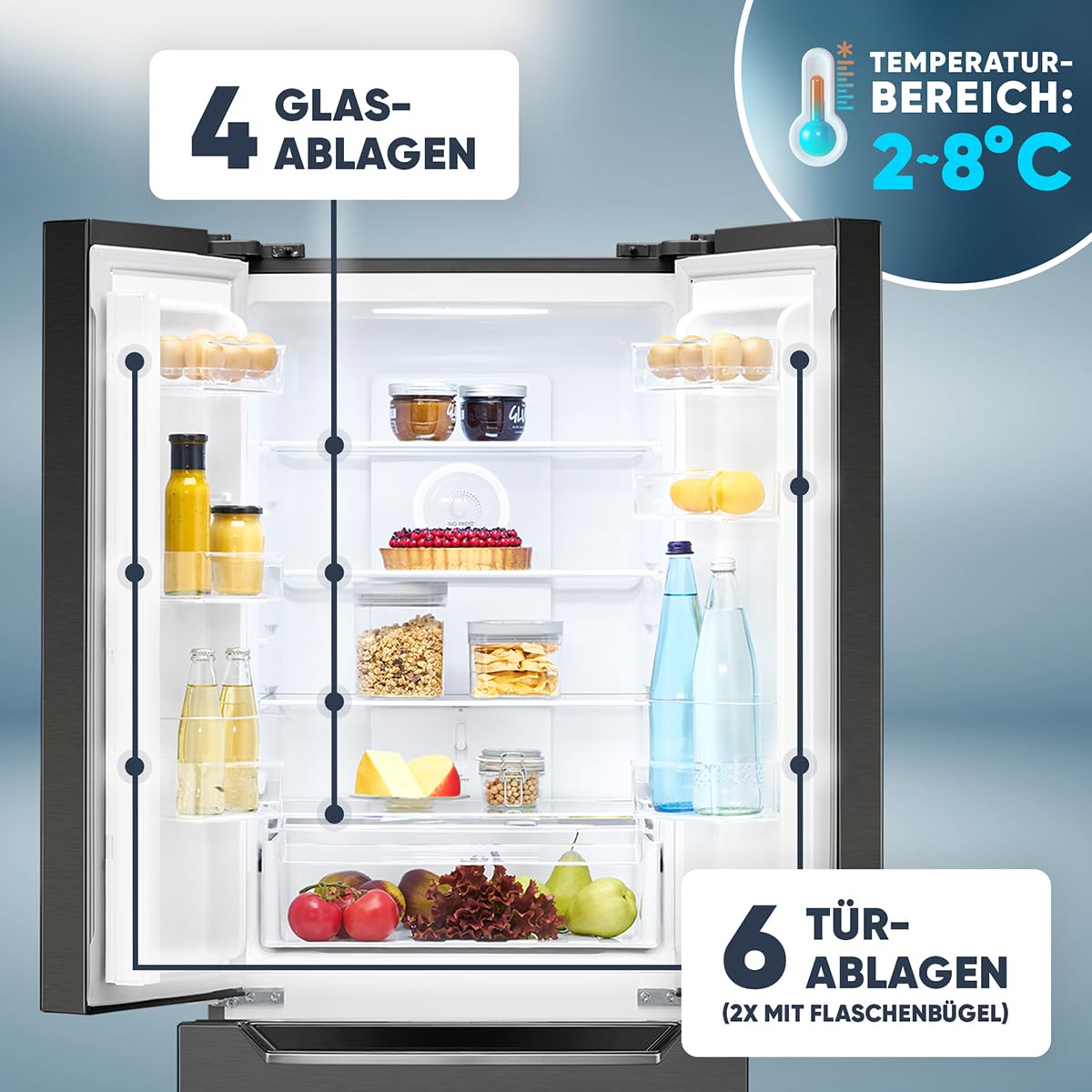 Bomann Réfrigérateur et Congélateur 320L KG7361-Noir, Système MultiAirflow, Totalement Sans Givre, Éclairage LED, 4 Étagères en Verre, Mode Économie d'Énergie, 39 dB